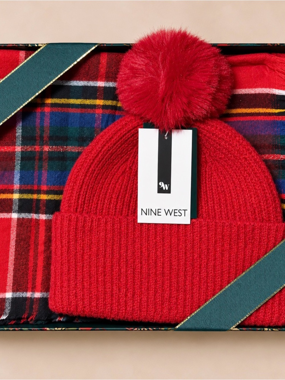 Nine West | Faux Fur Pom Knit Beanie & Plaid Scarf Set